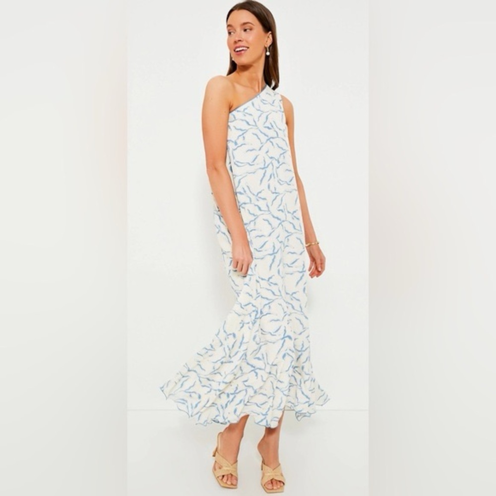 One-Shoulder White and Light Blue Maxi Dress